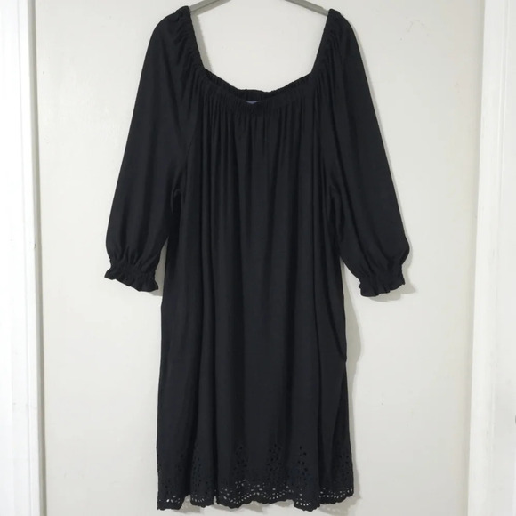 DEMOCRACY 3/4 Smocked Sleeves Square Neck Black Shift Dress, Eyelet Hem, 3X - Picture 2 of 16